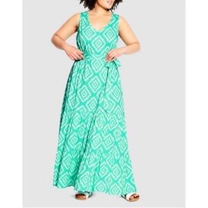 AVENUE NWT Teal Green Diamond Print Sleeveless Annie Maxi Dress 26/28
